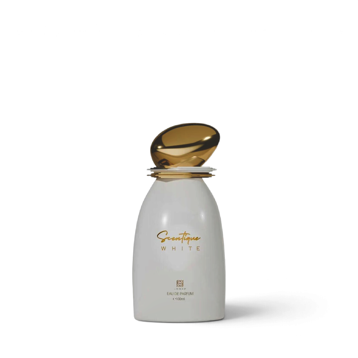 Palette 21 Ahmed Al Maghribi Scentique White eau de parfum in a white bottle with a unique gold metallic cap