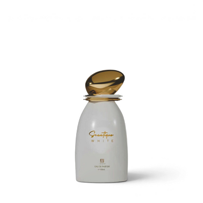 Palette 21 Ahmed Al Maghribi Scentique White eau de parfum in a white bottle with a unique gold metallic cap