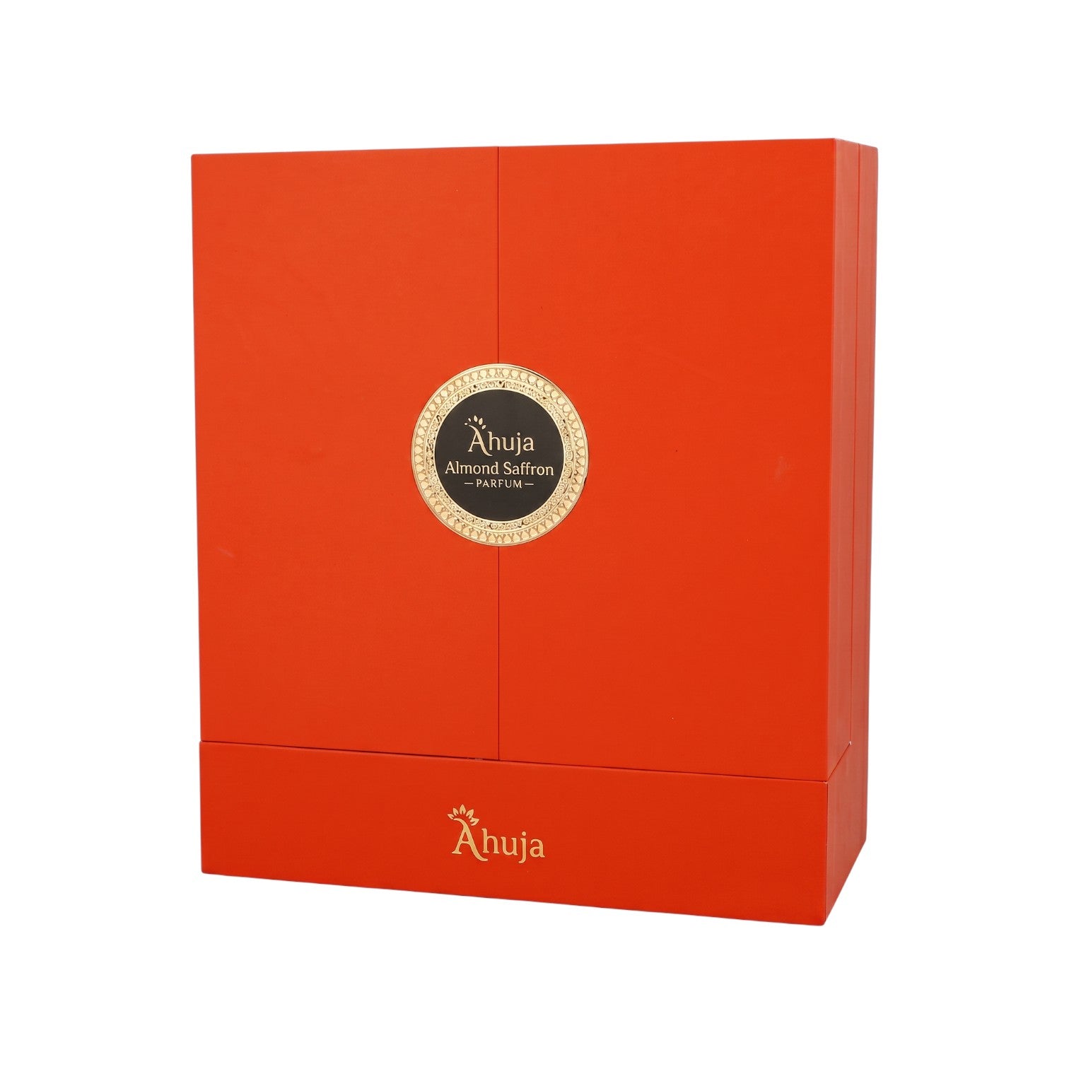 Palette 21 Ahuja Almond Saffron parfum gift box in vibrant orange with gold circular branding and elegant packaging