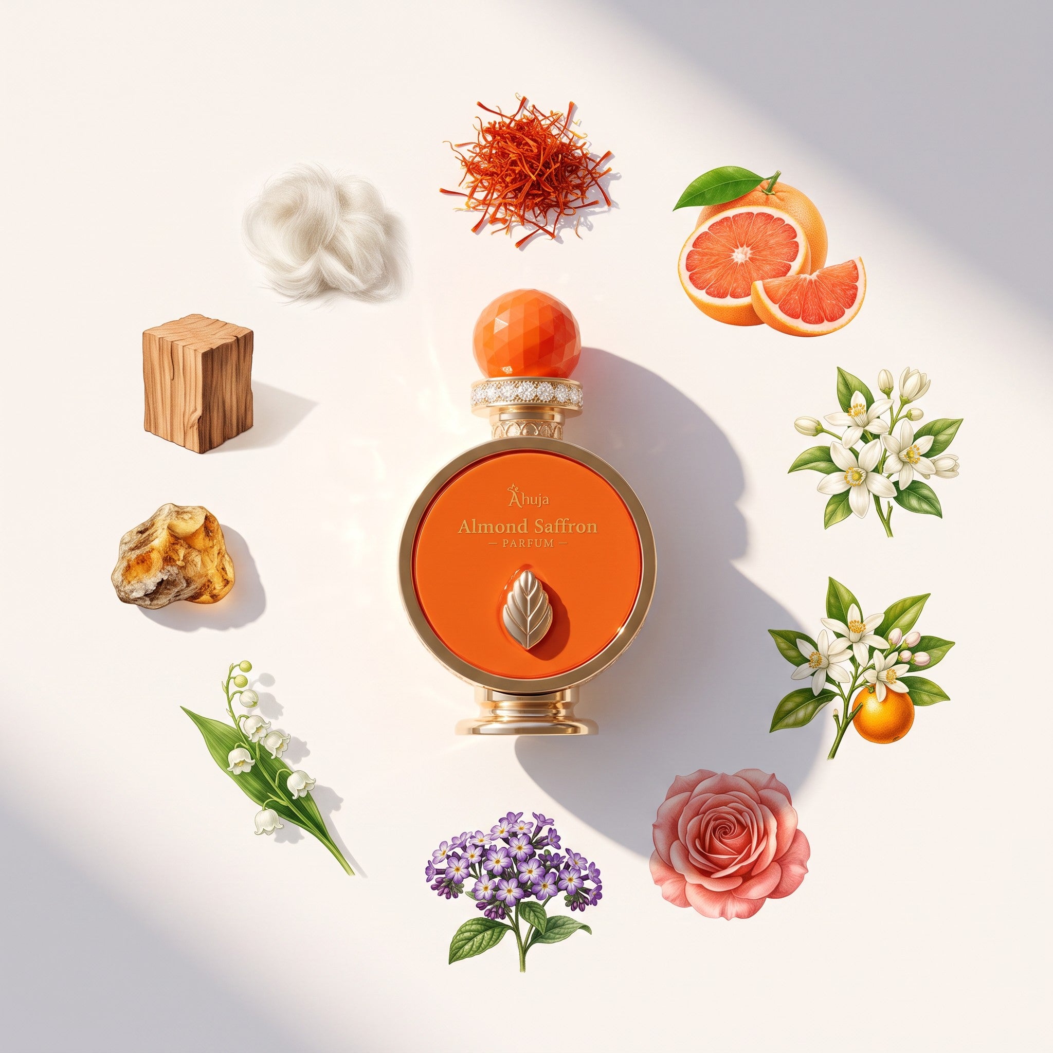 Palette 21 Ahuja Almond Saffron parfum bottle surrounded by artistic illustrations of its natural fragrance ingredients.