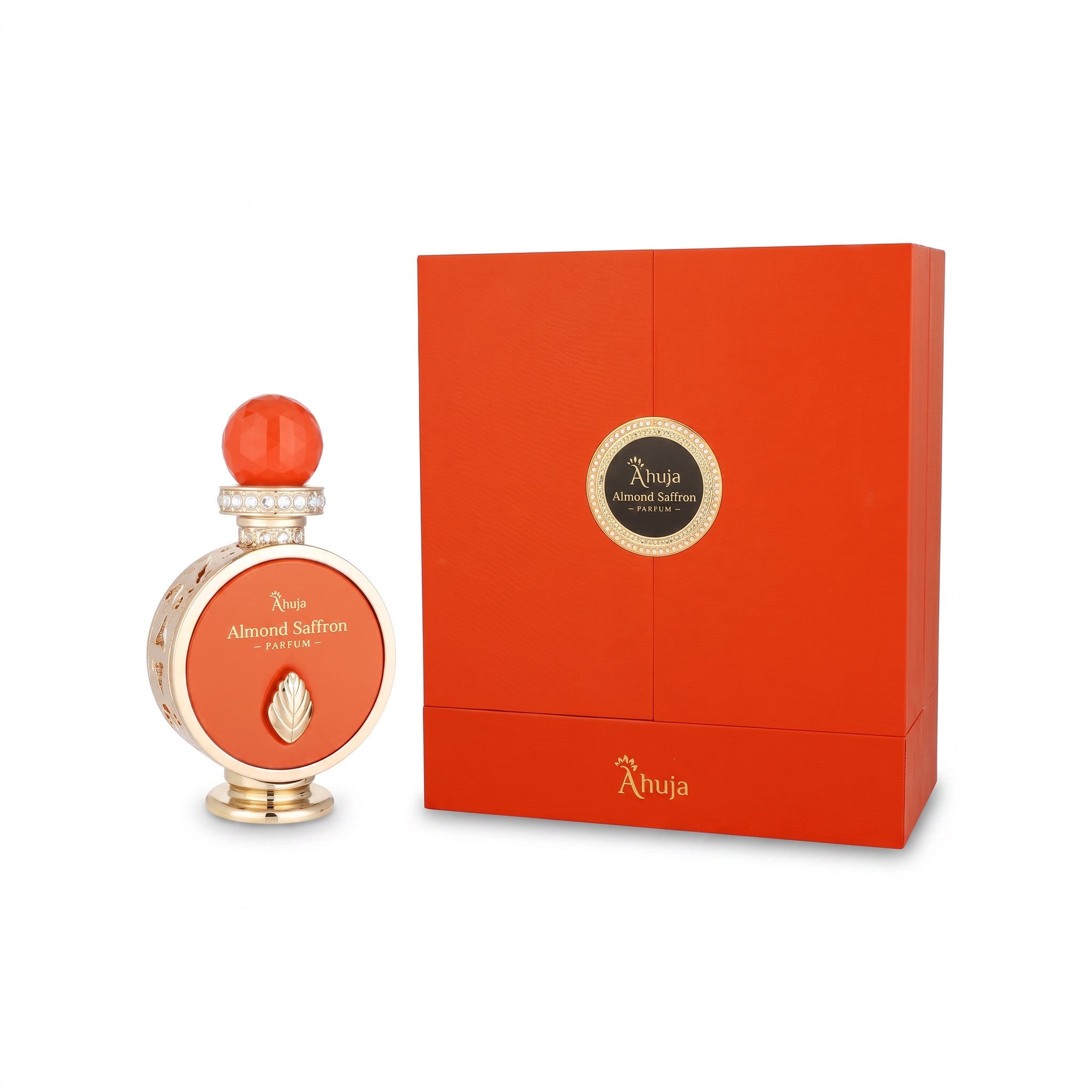 Palette 21 Ahuja Almond Saffron parfum bottle with orange glass, gold accents, and matching premium gift box
