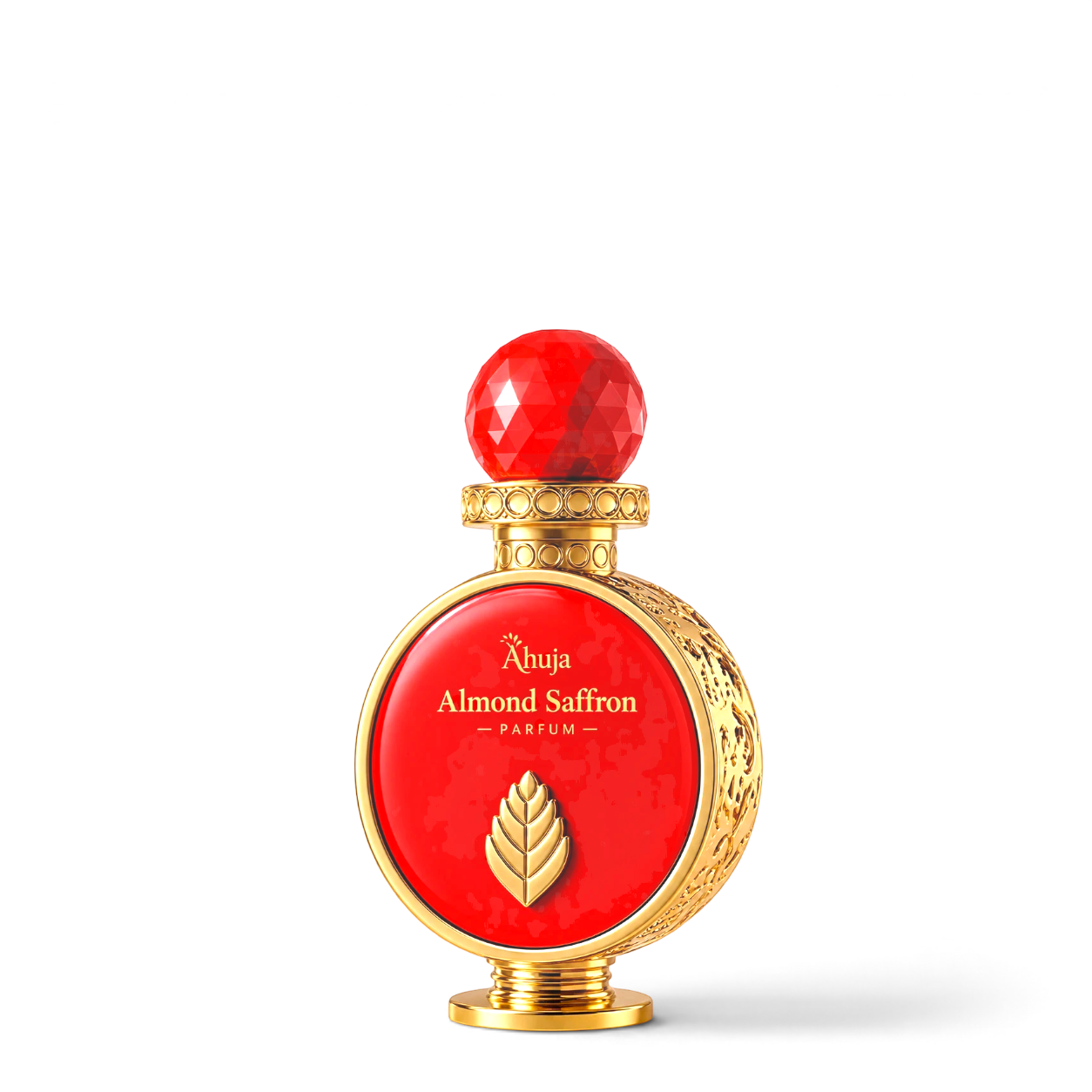 Palette 21 Ahuja Almond Saffron unisex parfum in a vibrant orange bottle with intricate gold detailing and crystal cap.