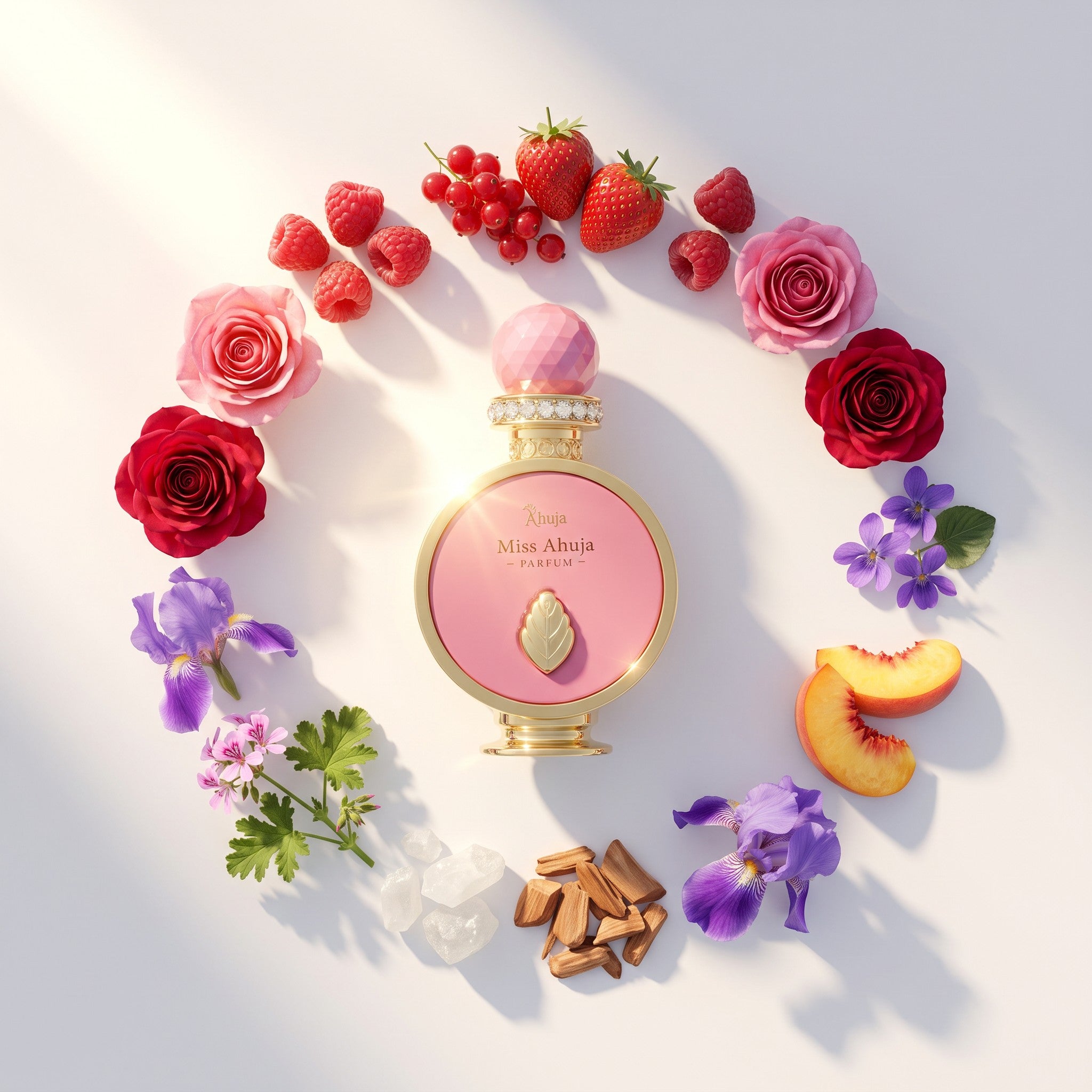Palette 21 Ahuja Miss Ahuja perfume bottle surrounded by a circular arrangement of fresh berries, roses, and flowers.