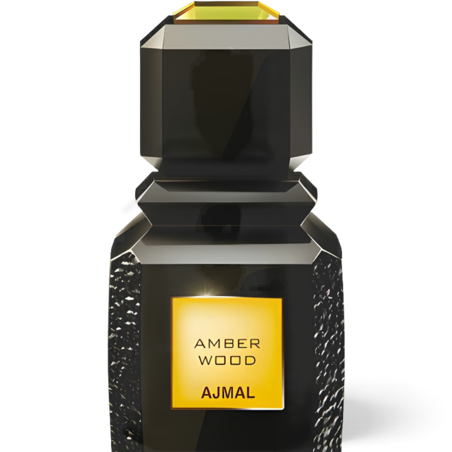 Palette 21 Ajmal Amber Wood unisex eau de parfum in a black architectural glass bottle with gold label and accents.