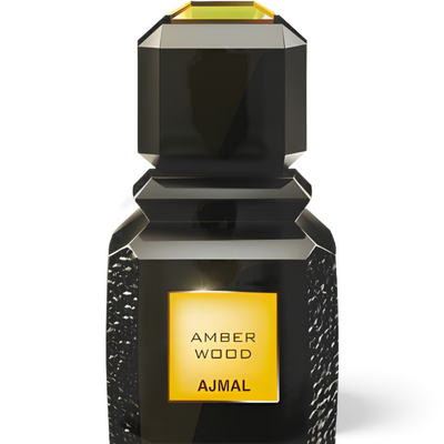 Palette 21 Ajmal Amber Wood unisex eau de parfum in a black architectural glass bottle with gold label and accents.
