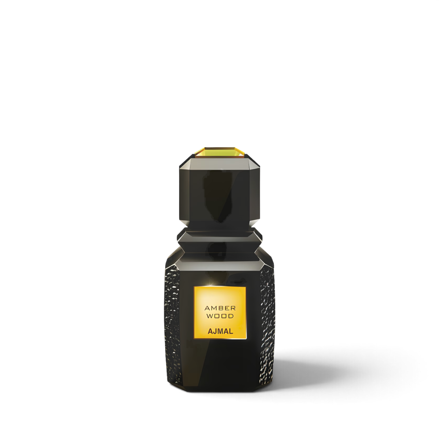 Palette 21 Ajmal Amber Wood Eau de Parfum in a sleek black architectural glass bottle with gold label accents.