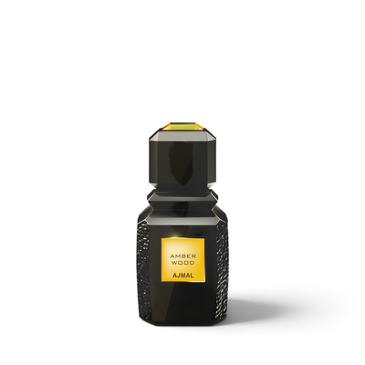 Palette 21 Ajmal Amber Wood Eau de Parfum in a sleek black architectural glass bottle with gold label accents.