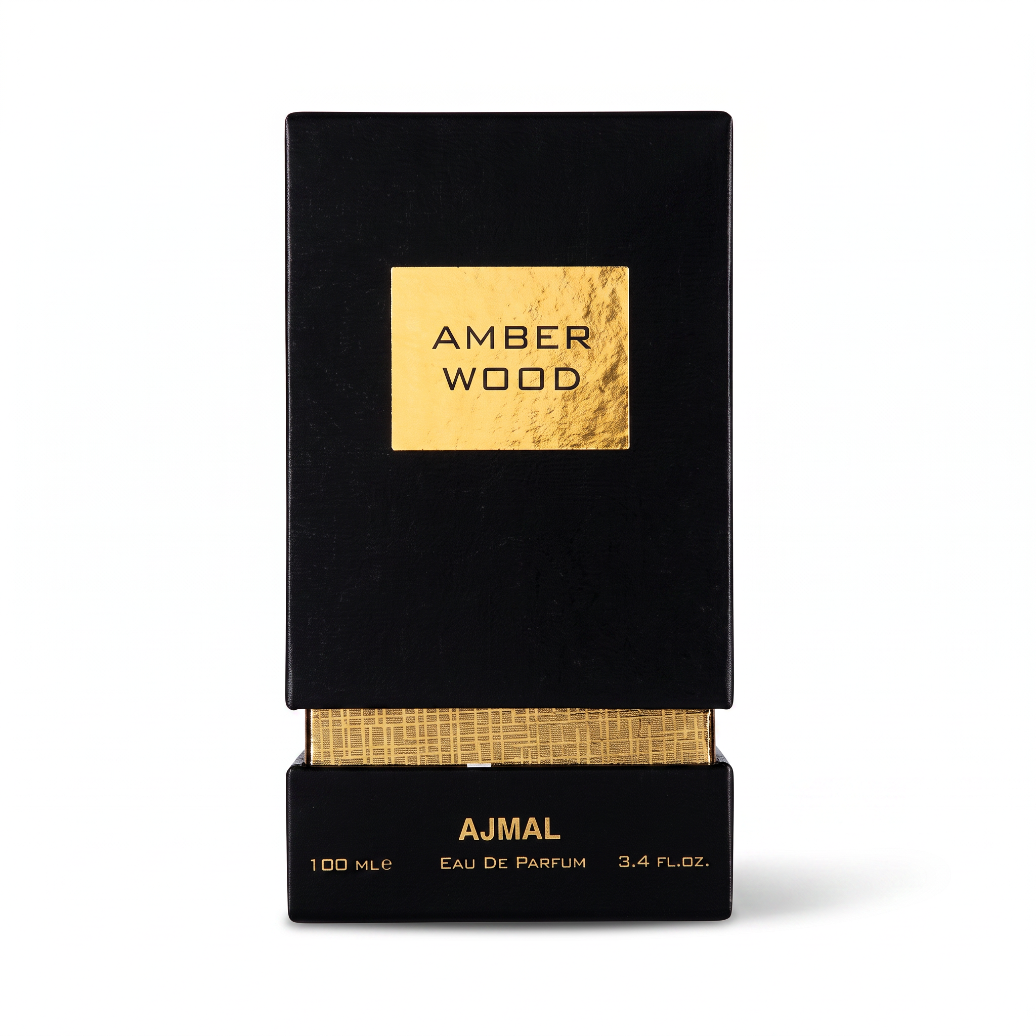 Palette 21 Ajmal Amber Wood unisex eau de parfum in a luxurious black and gold textured bottle.