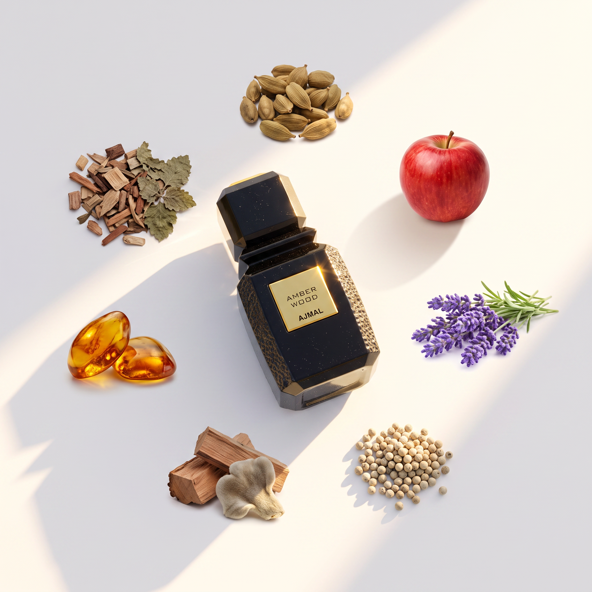 Palette 21 Ajmal Amber Wood perfume bottle surrounded by ingredients like cardamom, apple, lavender, and amber resin.