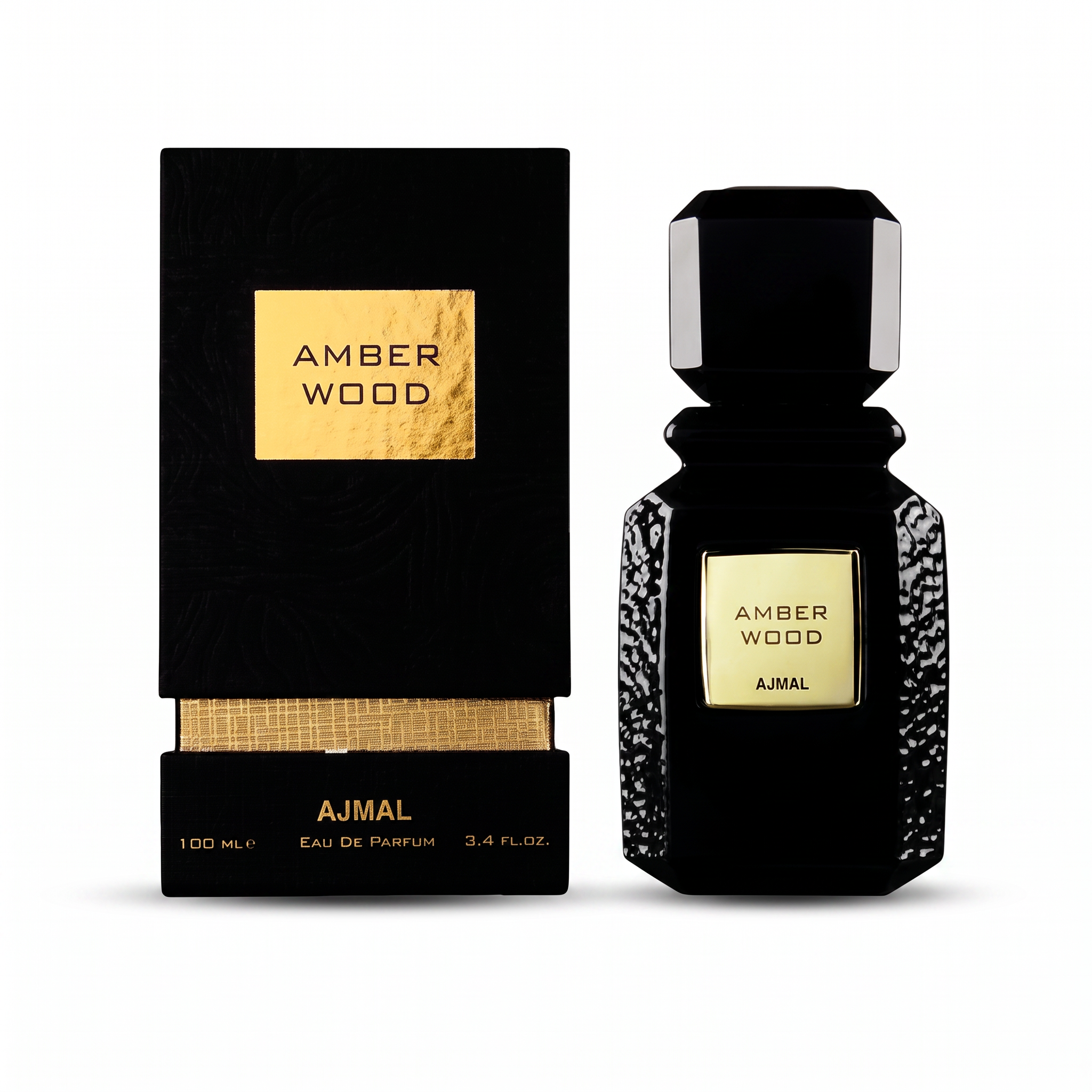 Palette 21 Ajmal Amber Wood Eau de Parfum in a black textured bottle with gold accents next to its matching box.