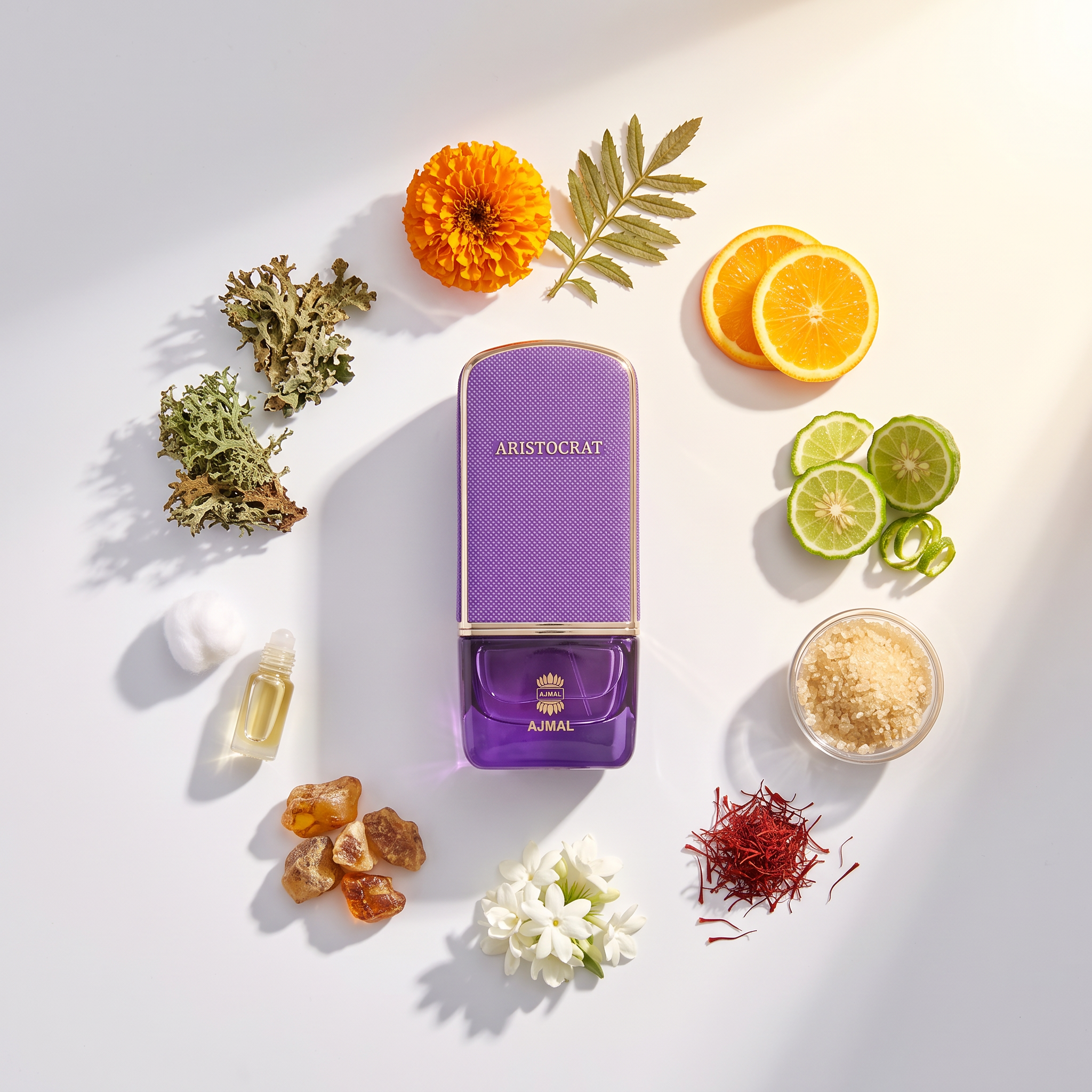 Palette 21 Ajmal Aristocrat Eau de Parfum bottle surrounded by floral and citrus ingredients on a white background