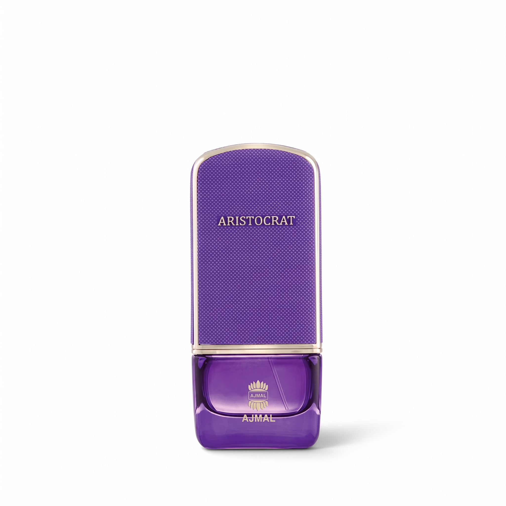 Palette 21 AJMAL Aristocrat Eau de Parfum in a textured purple bottle with gold accents on a white background.