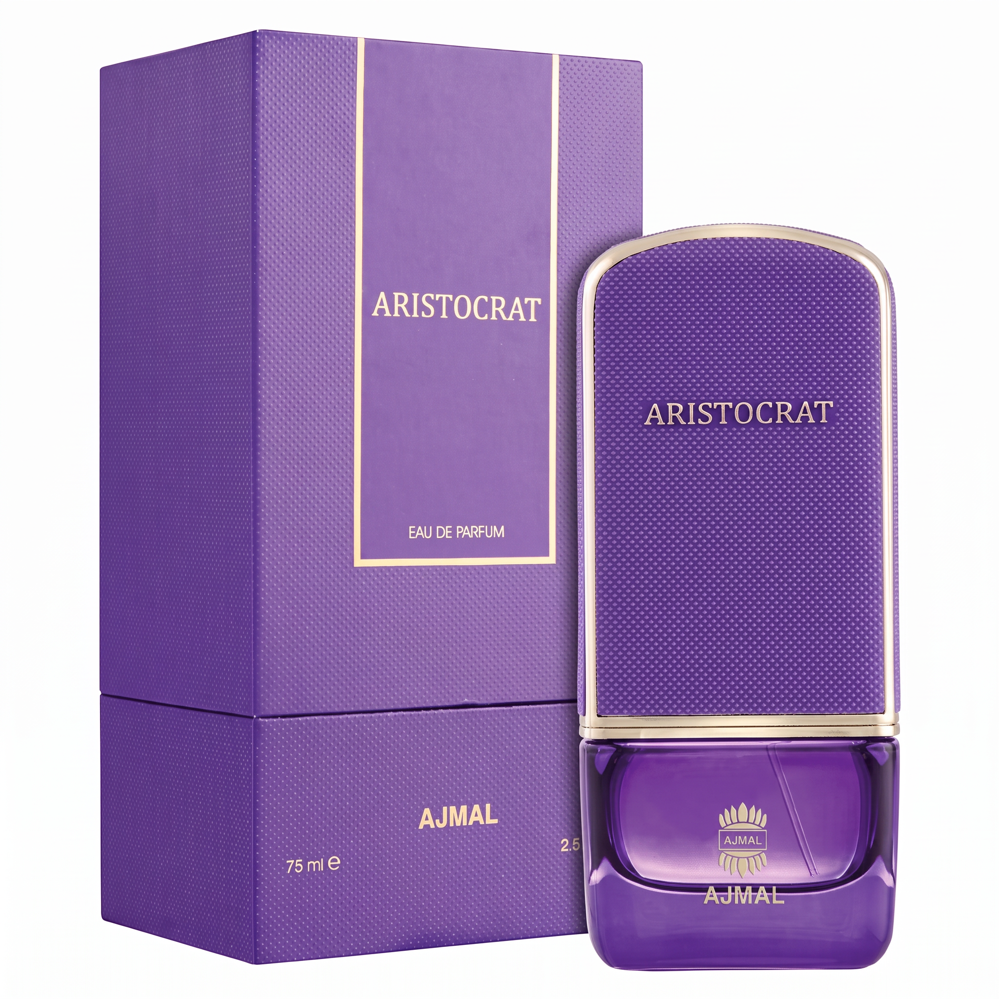 Palette 21 AJMAL Aristocrat Eau de Parfum in a textured purple bottle with gold accents next to its matching box