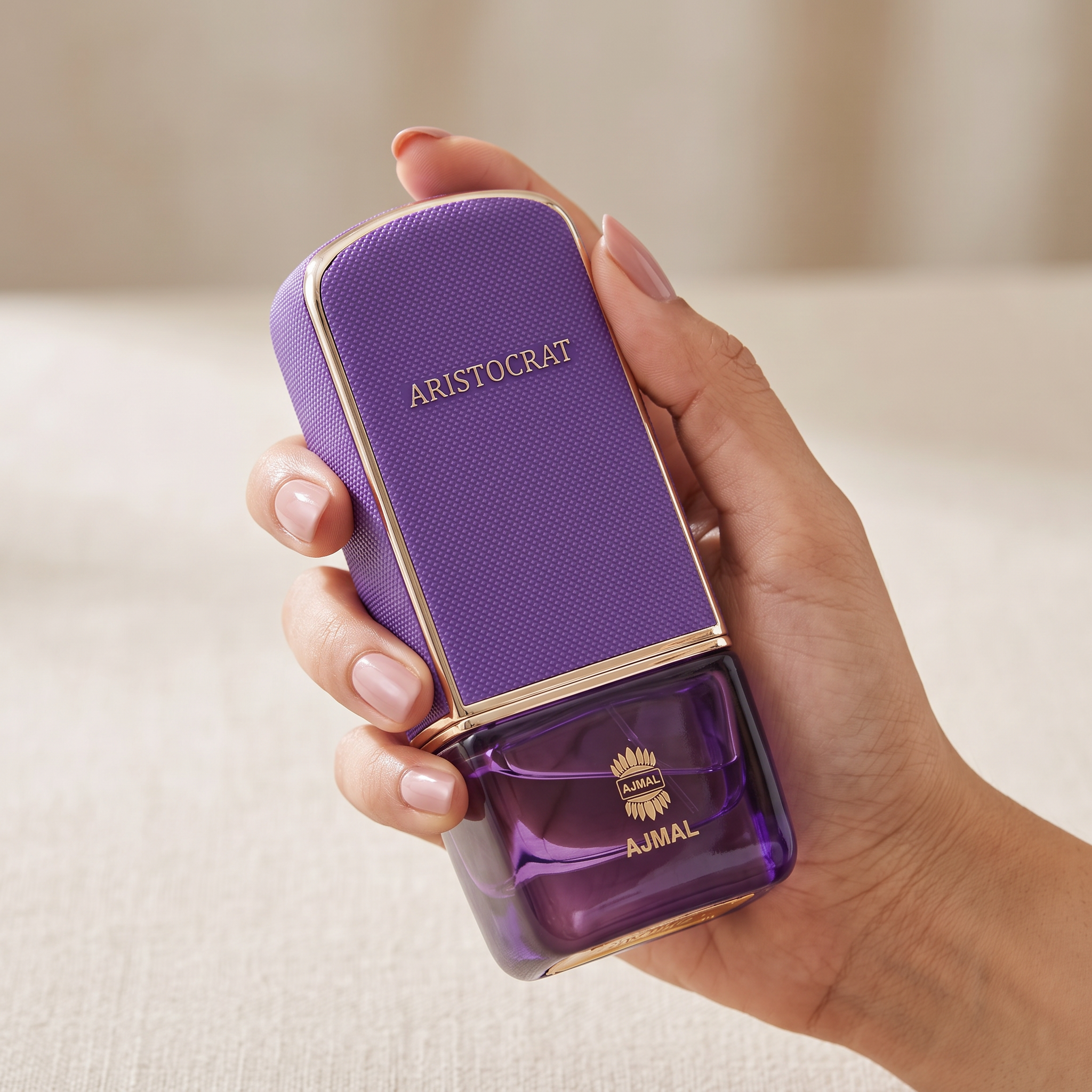 Palette 21 AJMAL Aristocrat Eau de Parfum in a textured purple bottle with gold accents held in a woman's hand.