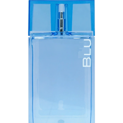 Palette 21 Ajmal Blu Eau De Parfum in a minimalist rectangular blue glass bottle with a matching blue cap