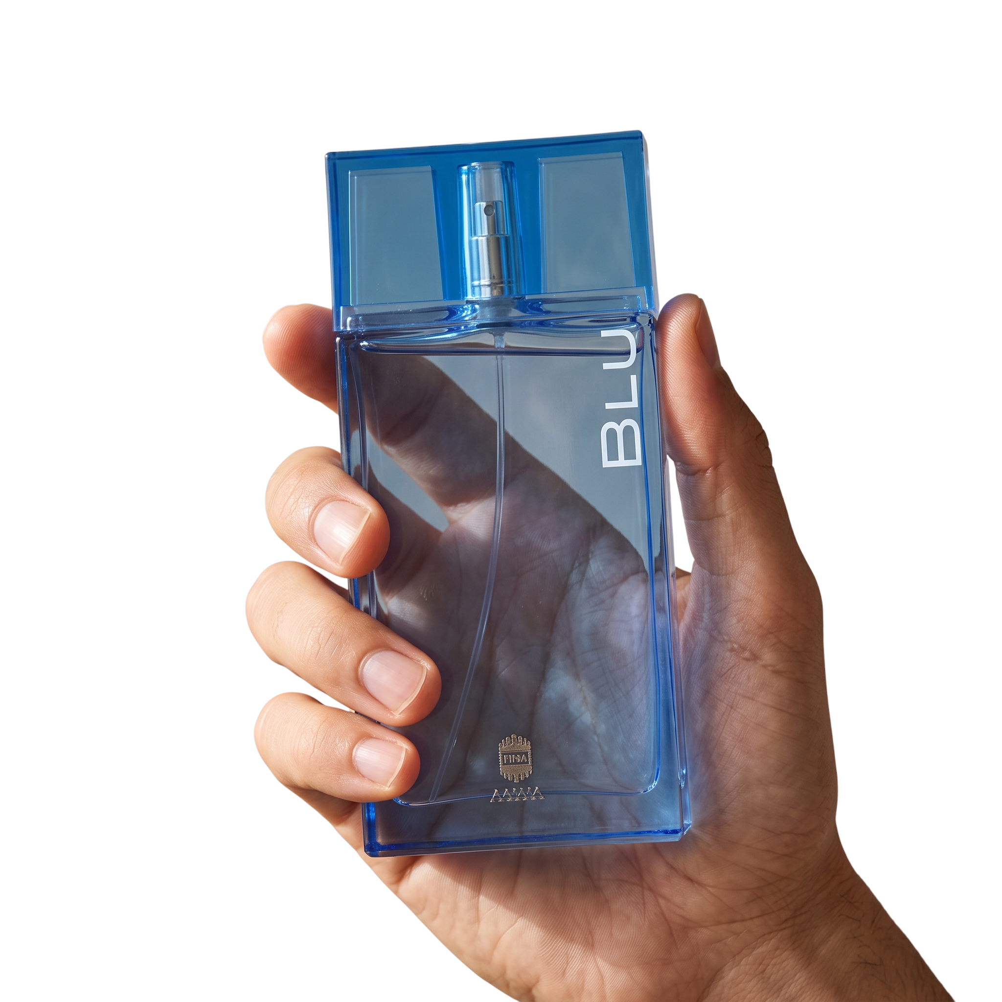Palette 21 Ajmal Blu Eau De Parfum held in a hand, featuring a minimalist blue glass bottle for men.