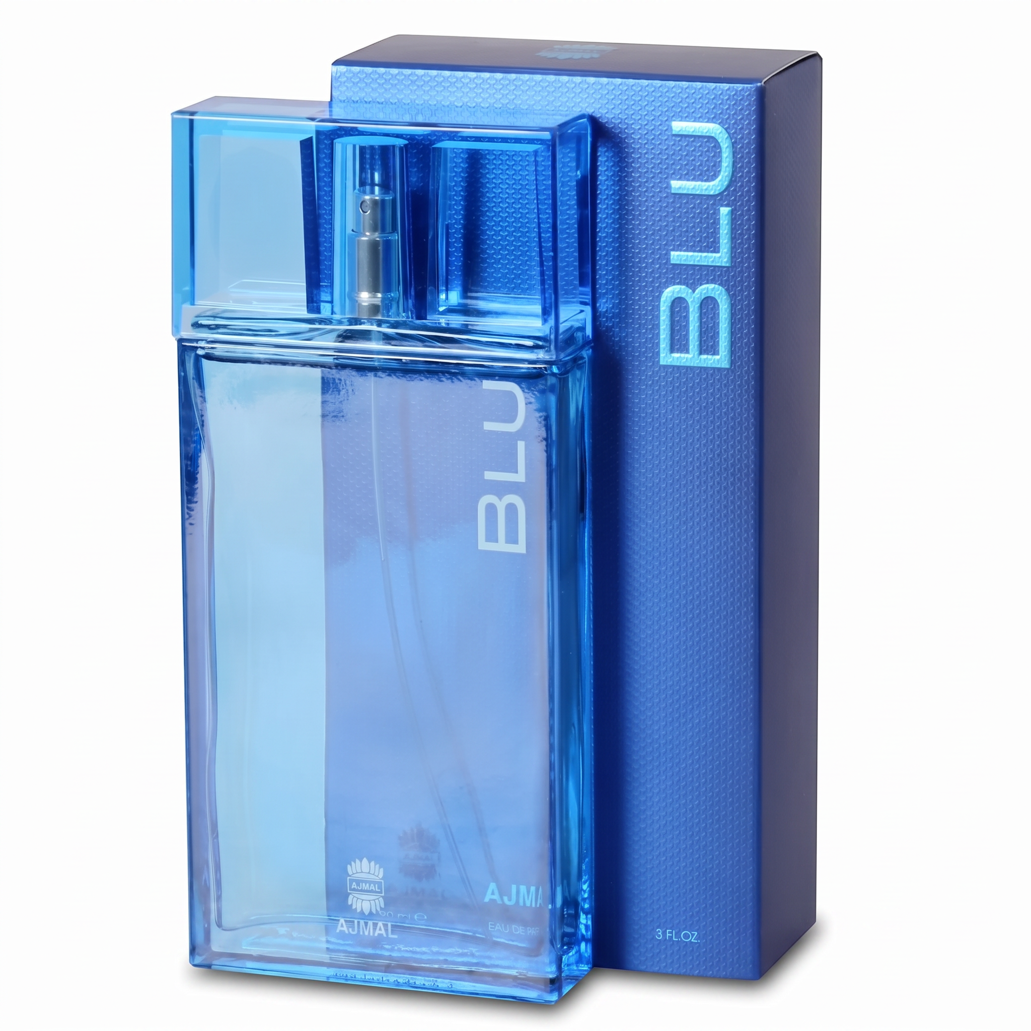 Palette 21 Ajmal Blu Eau de Parfum for men in a minimalist blue glass bottle with its matching blue presentation box.