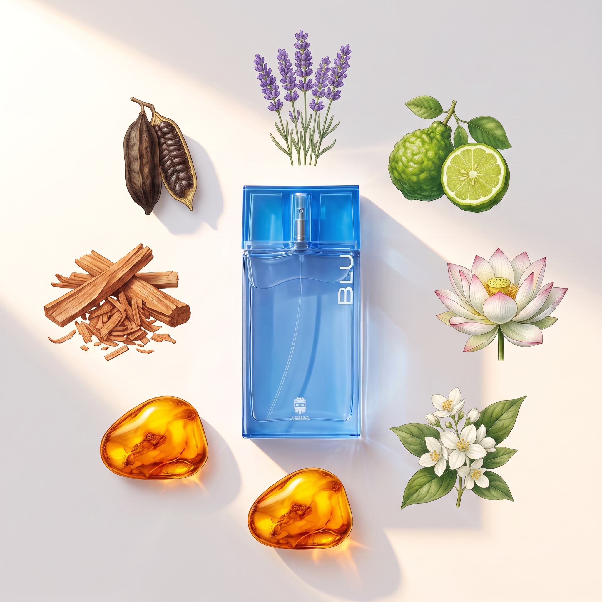 Palette 21 Ajmal Blu Eau De Parfum bottle surrounded by illustrations of lavender, bergamot, lotus, jasmine, and amber.