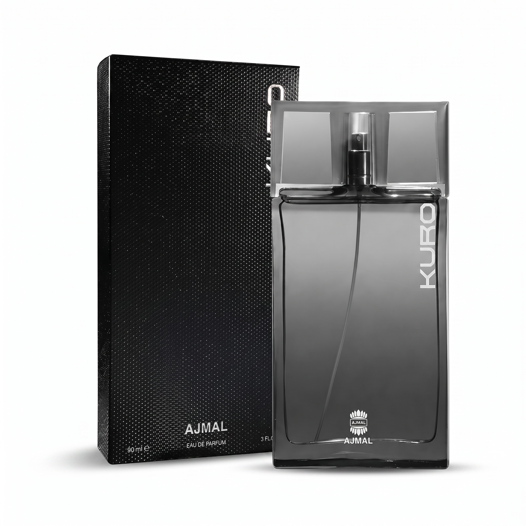 Palette 21 AJMAL Kuro Eau de Parfum spray bottle and black textured box for men