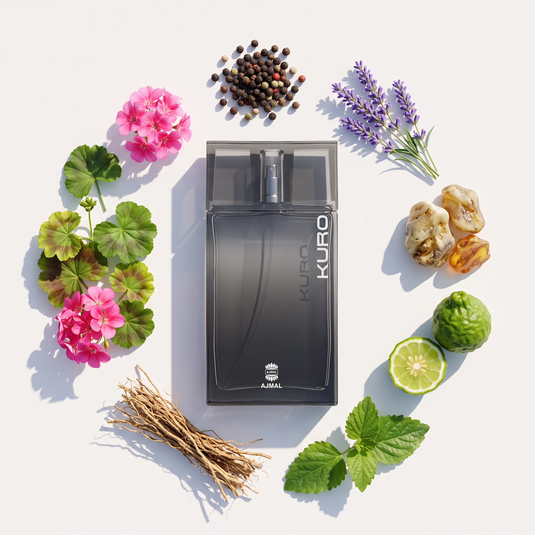 Palette 21 AJMAL Kuro Eau de Parfum bottle surrounded by aromatic ingredients like lavender, peppercorns, and citrus.