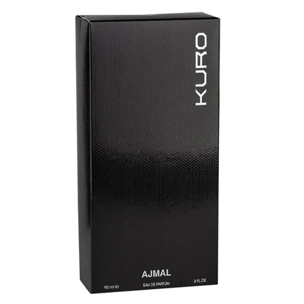 Palette 21 AJMAL Kuro Eau de Parfum fragrance spray in a sleek black rectangular box for men