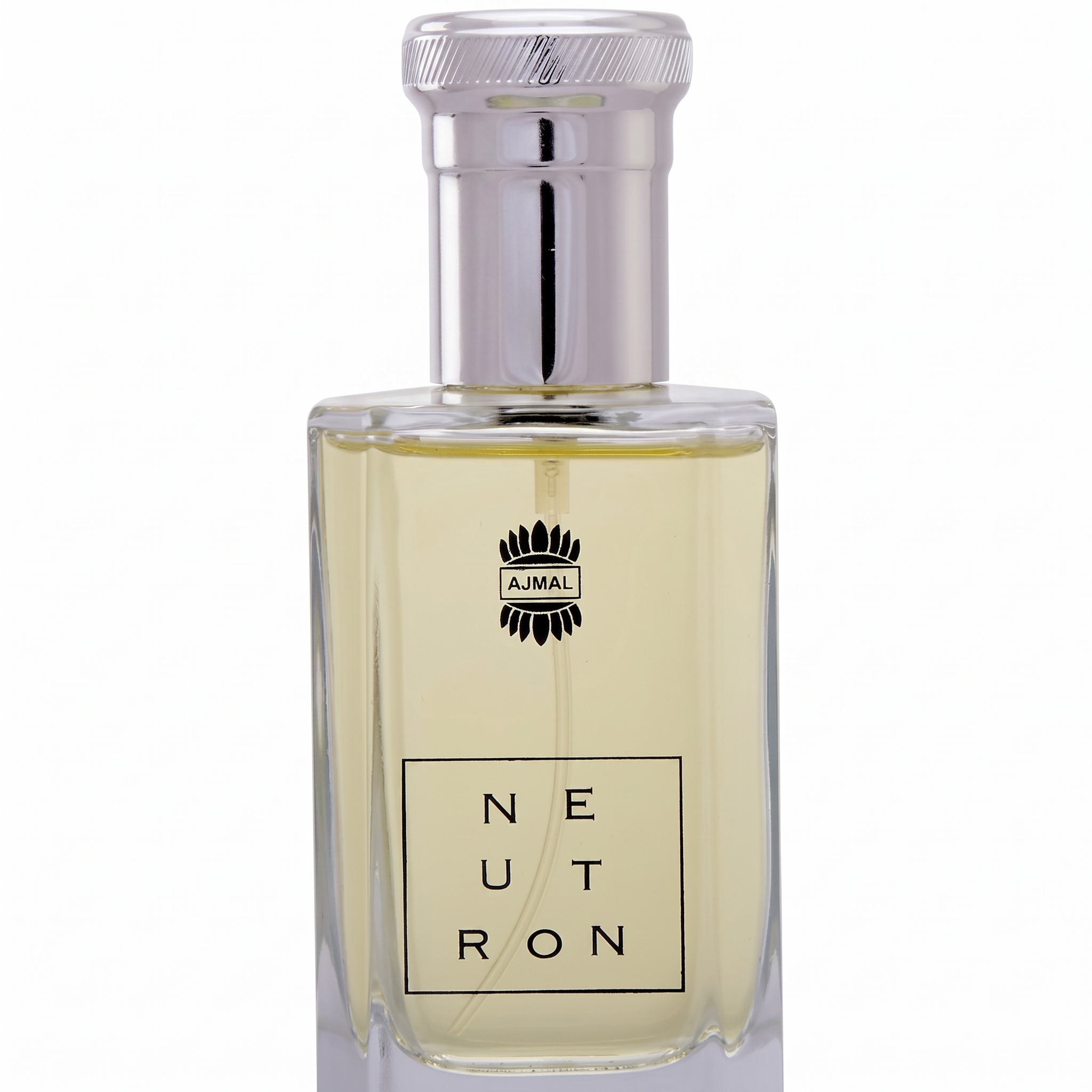 Palette 21 AJMAL Neutron Eau de Parfum for men in a sleek glass bottle with a polished silver cap