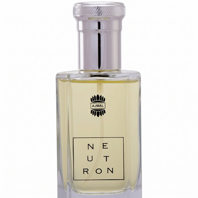 Palette 21 AJMAL Neutron Eau de Parfum for men in a sleek glass bottle with a polished silver cap