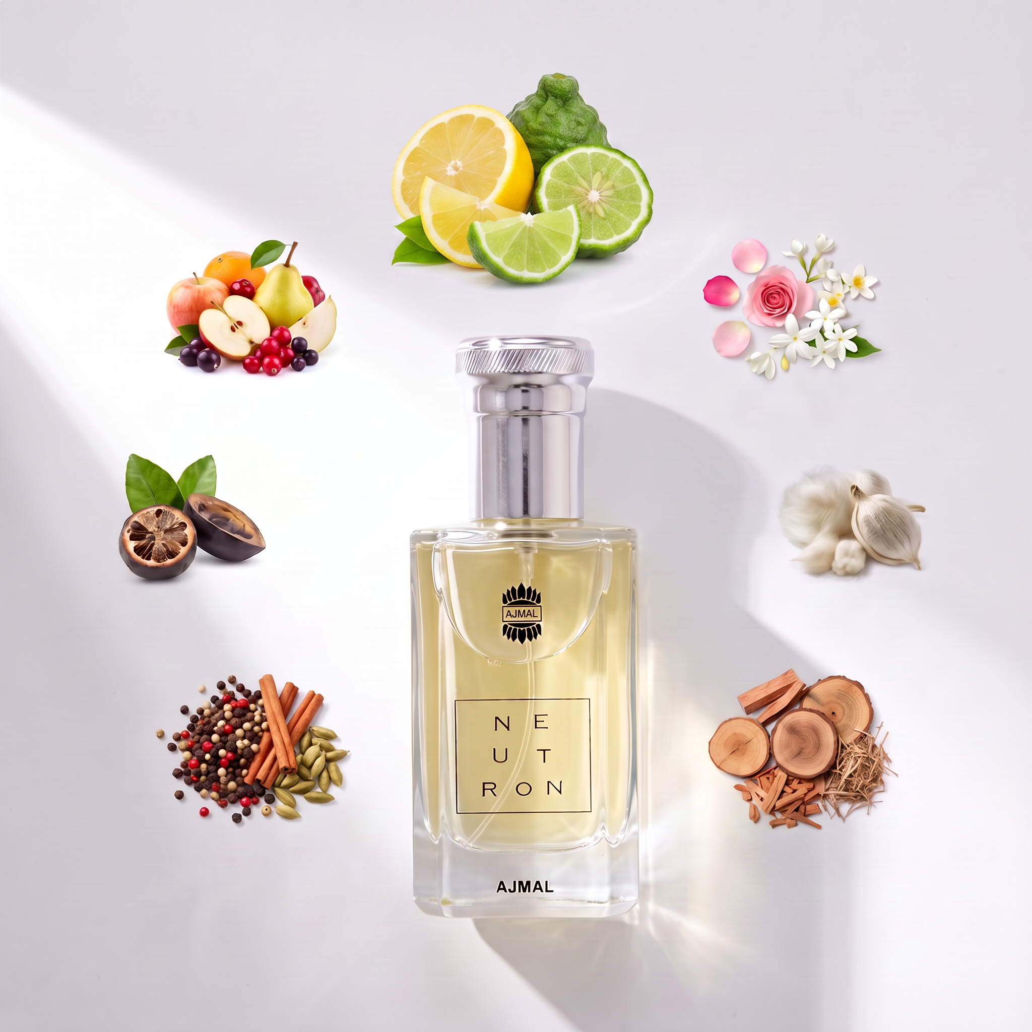 Palette 21 Ajmal Neutron Eau de Parfum bottle surrounded by citrus, floral, spice, and wood fragrance ingredients
