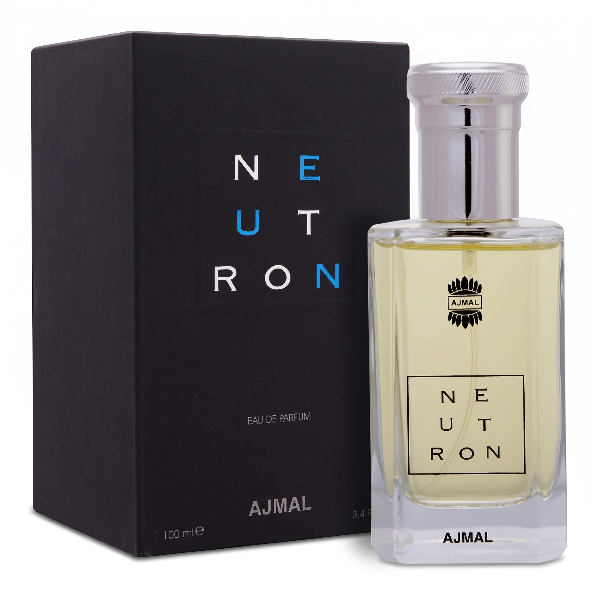 Palette 21 AJMAL Neutron Eau de Parfum for men in a sleek glass bottle with a silver cap next to its black box.
