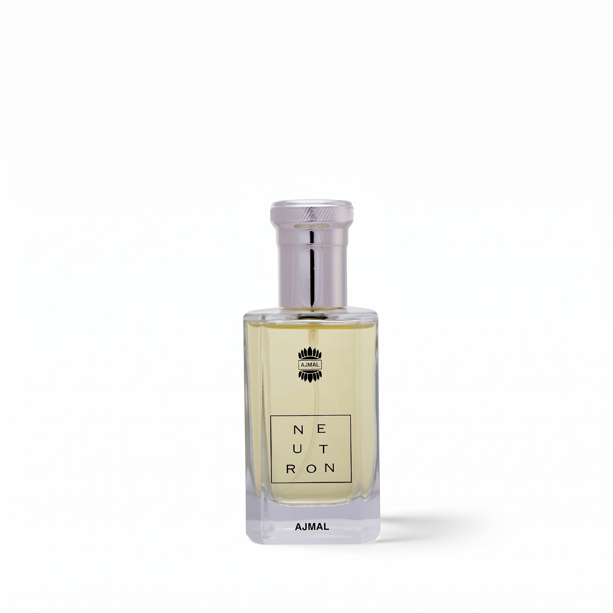 Palette 21 AJMAL Neutron Eau de Parfum in a sleek glass bottle with a silver cap and minimalist label.