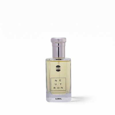 Palette 21 AJMAL Neutron Eau de Parfum in a sleek glass bottle with a silver cap and minimalist label.
