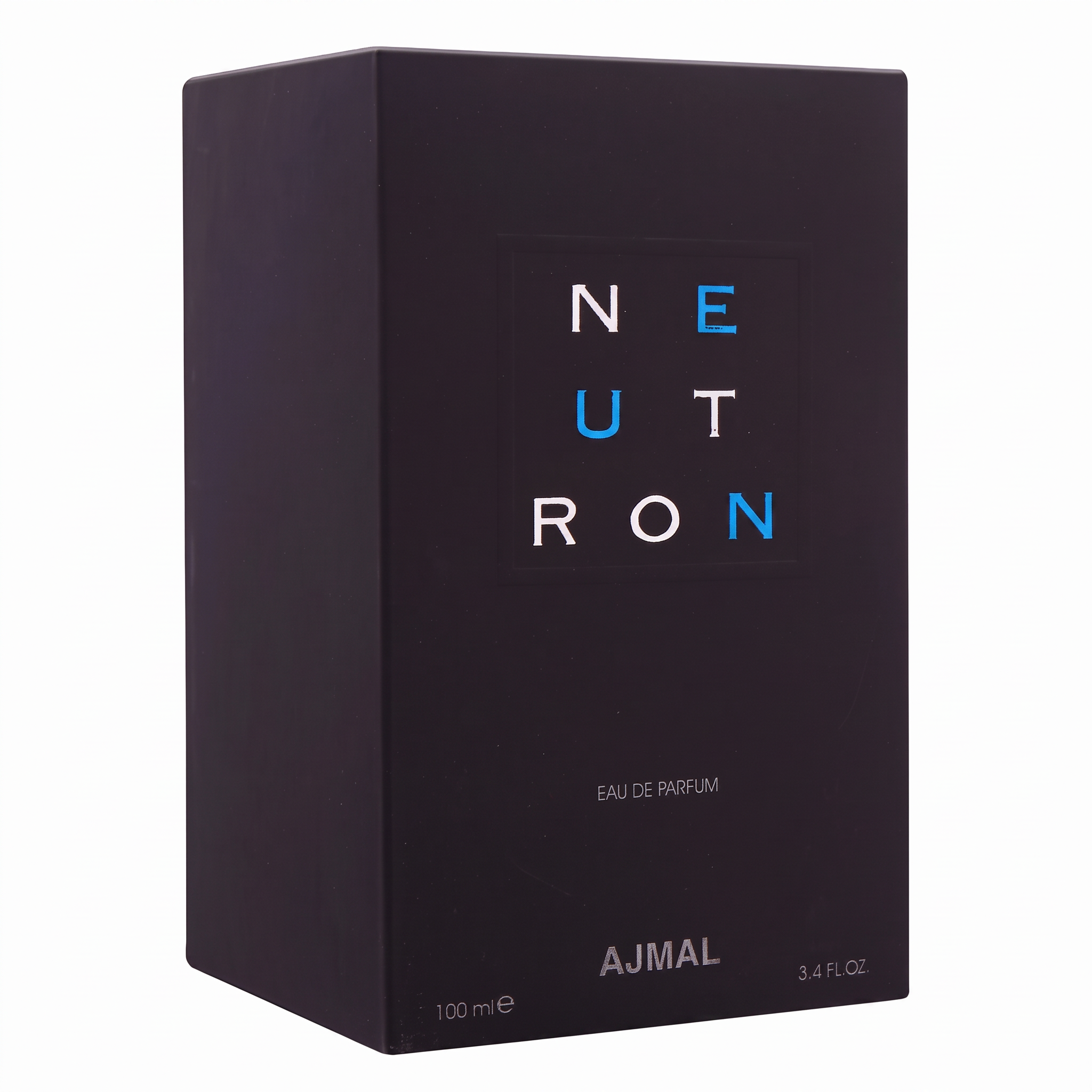 Palette 21 AJMAL Neutron Eau de Parfum fragrance box in black with minimalist blue and white typography