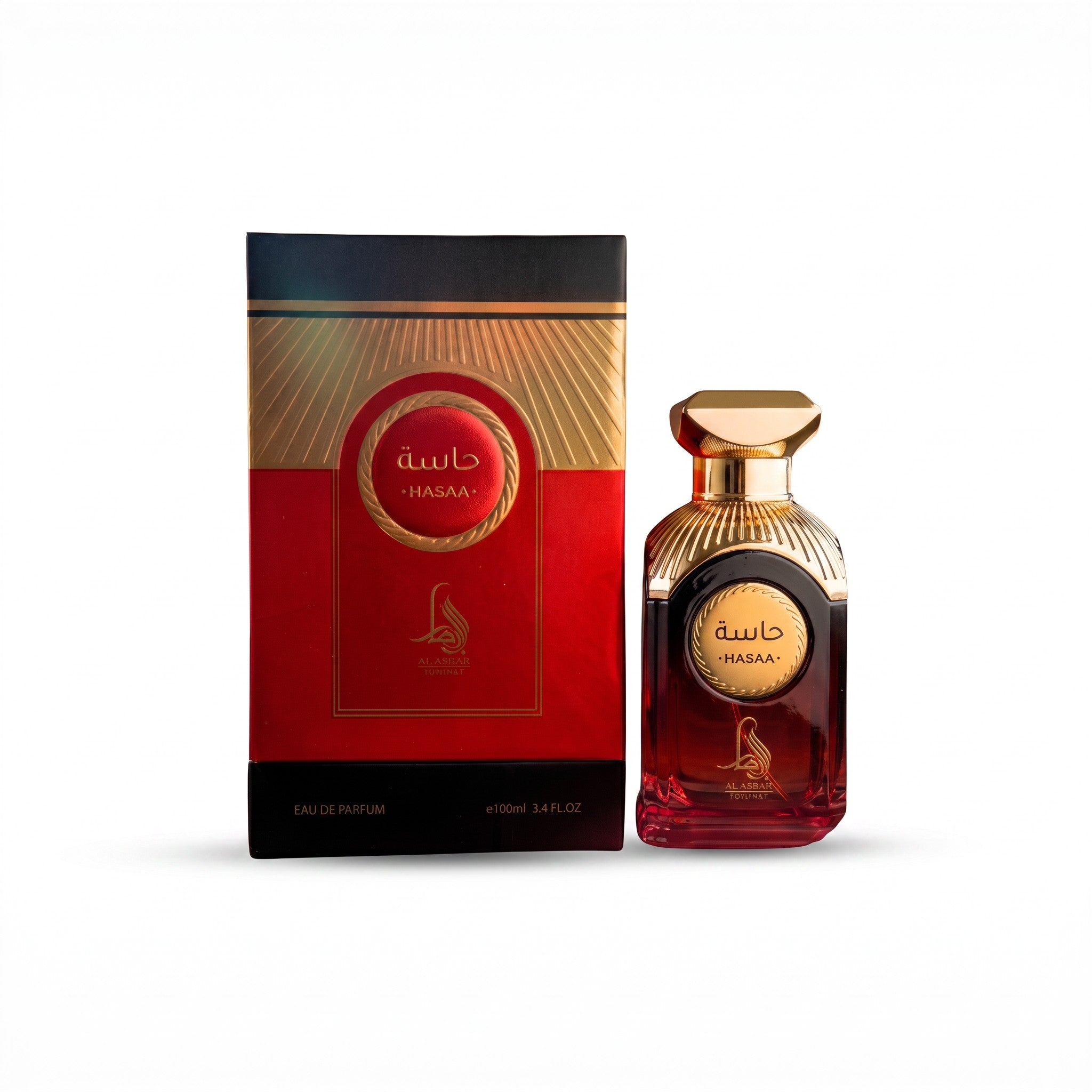 Palette 21 AL ABSAR HASAA Eau de Parfum in a deep red glass bottle with gold accents next to its elegant gift box.