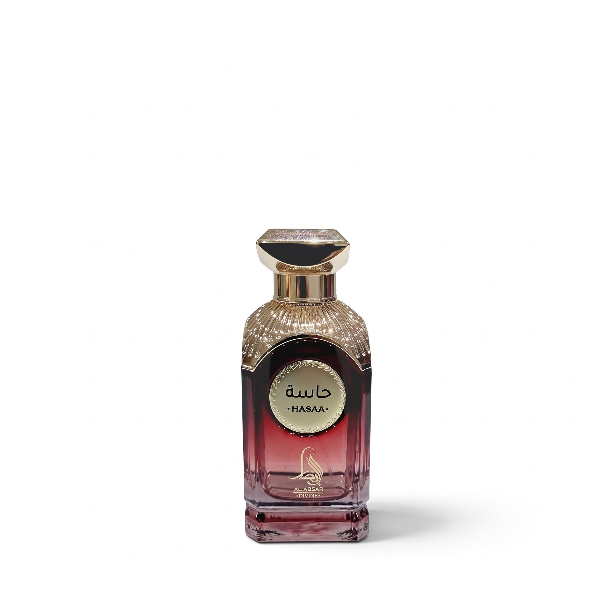 Palette 21 AL ABSAR HASAA Eau de Parfum in a deep red glass bottle with intricate gold cap and label detailing