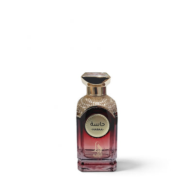 Palette 21 AL ABSAR HASAA Eau de Parfum in a deep red glass bottle with intricate gold cap and label detailing