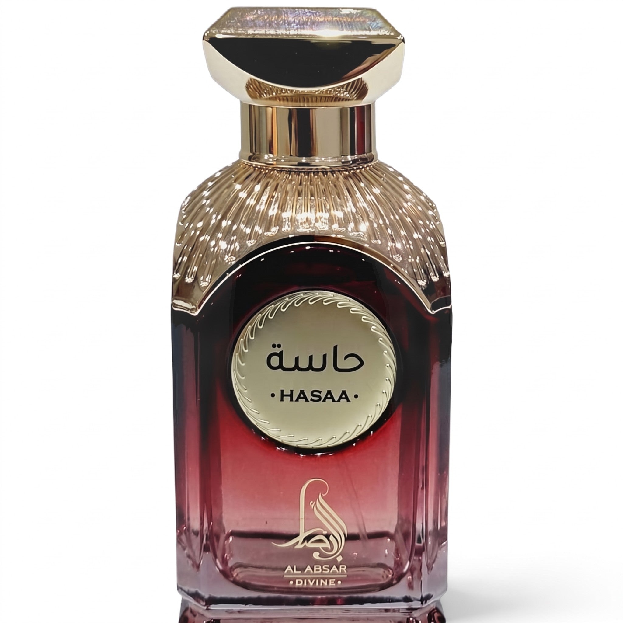 Palette 21 AL ABSAR HASAA Eau de Parfum in a deep red glass bottle with intricate gold cap and circular label