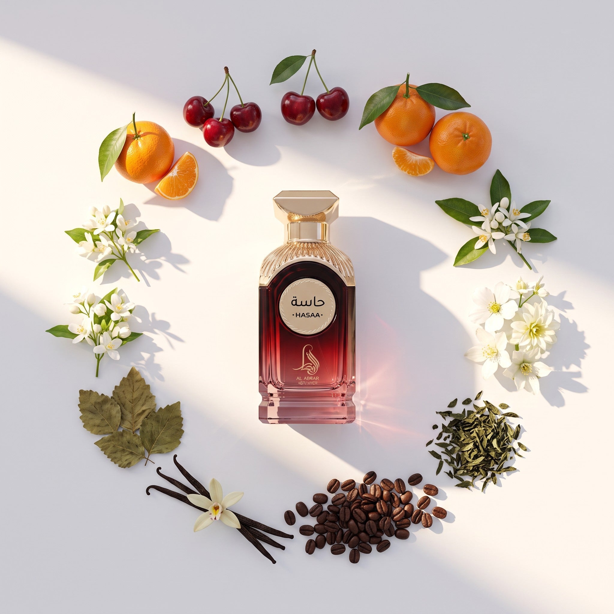 Palette 21 AL ABSAR HASAA Eau de Parfum bottle surrounded by cherries, oranges, white flowers, coffee beans, and vanilla