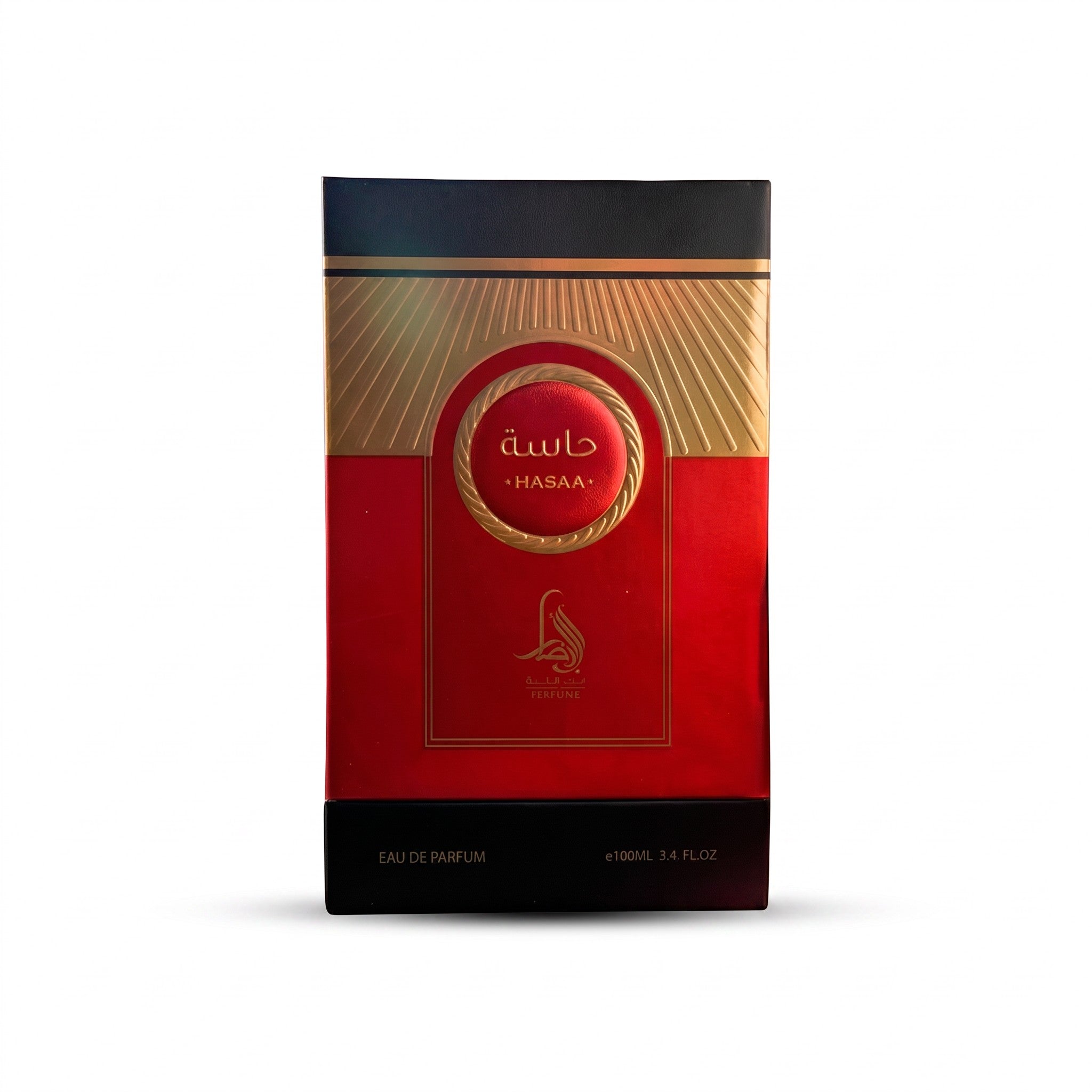 Palette 21 AL ABSAR HASAA Eau de Parfum in a rectangular red and gold box with intricate metallic detailing.