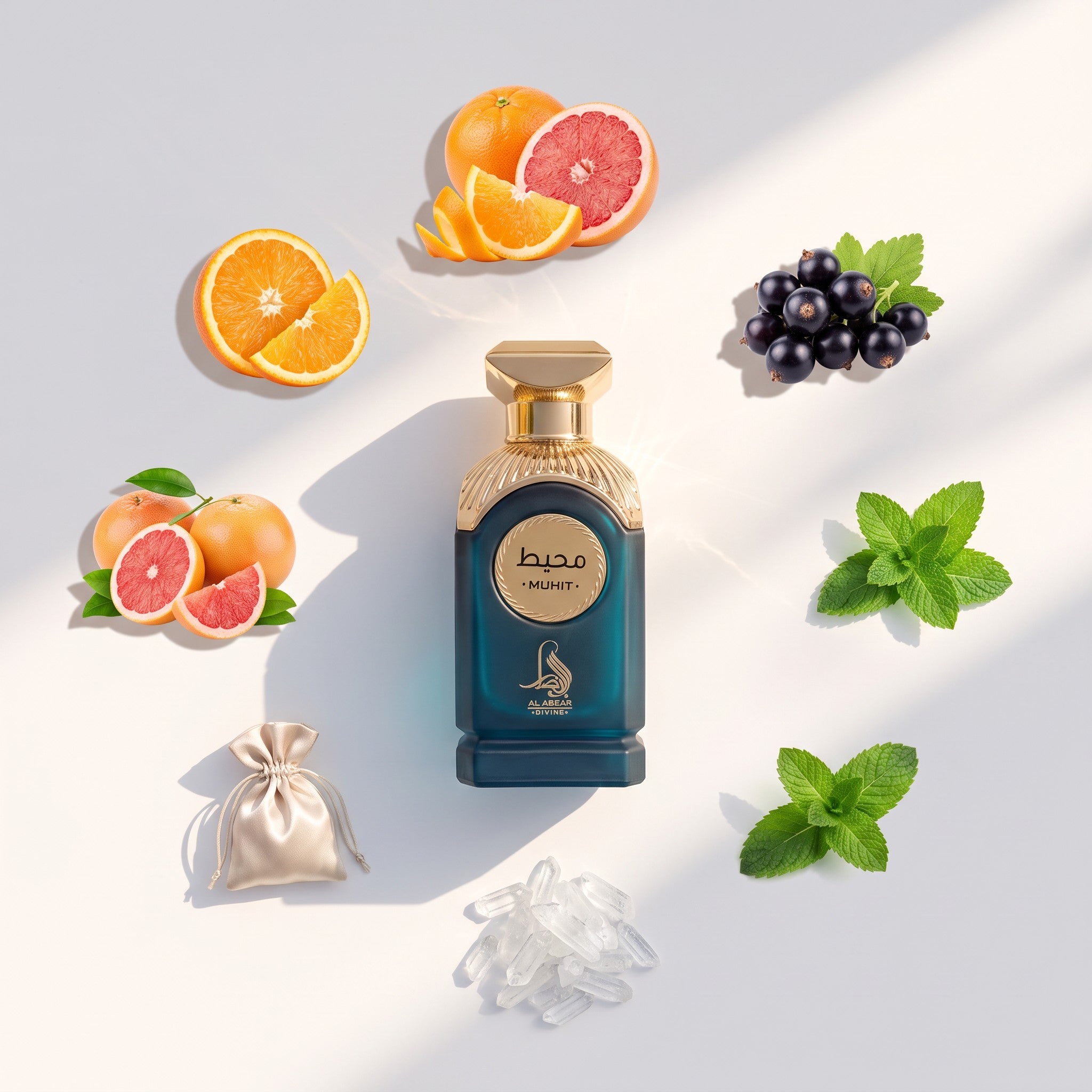 Palette 21 AL ABSAR Muhit unisex eau de parfum in a teal bottle with gold accents, surrounded by citrus and mint.