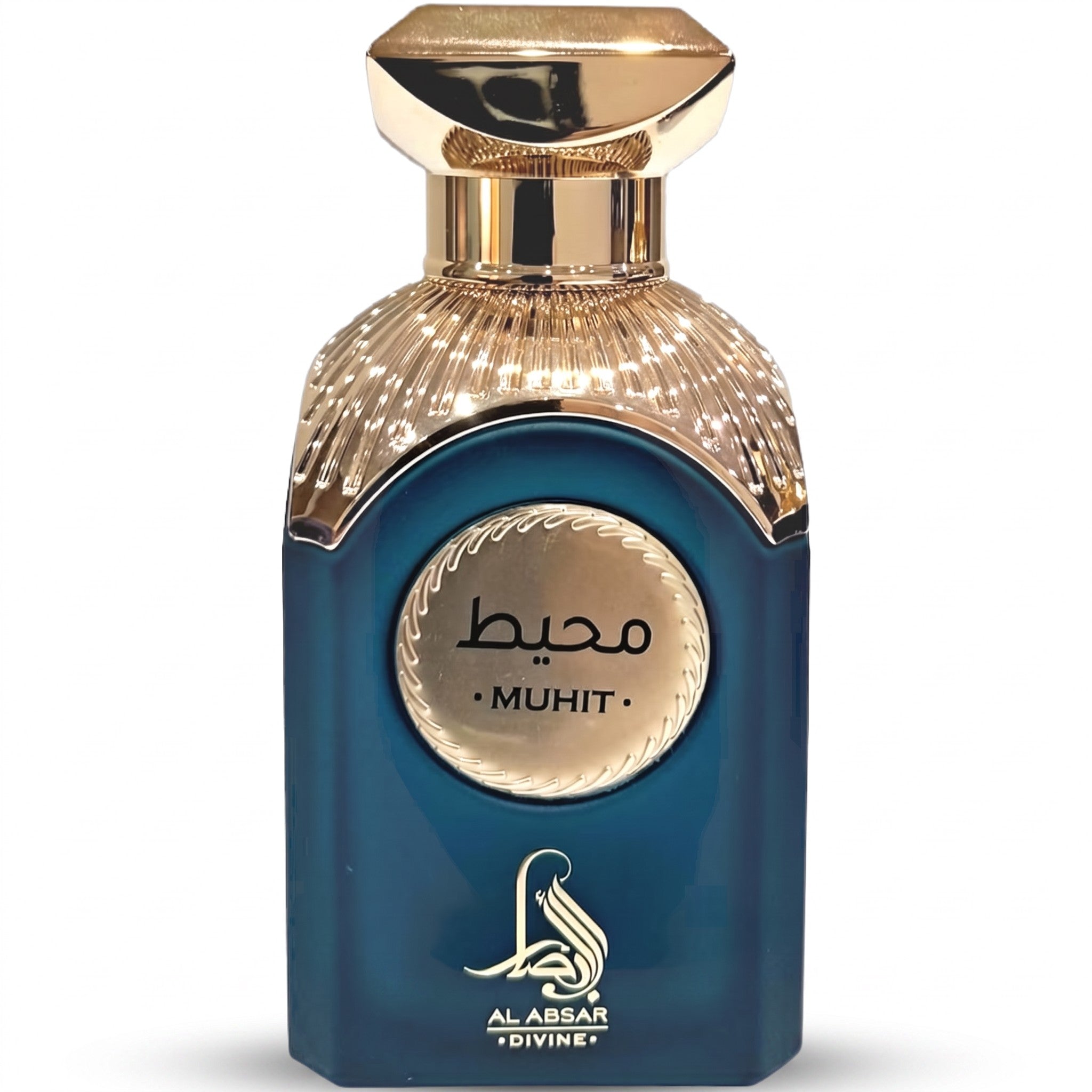 Palette 21 AL ABSAR Muhit unisex eau de parfum in a deep teal bottle with an intricate gold cap and emblem.