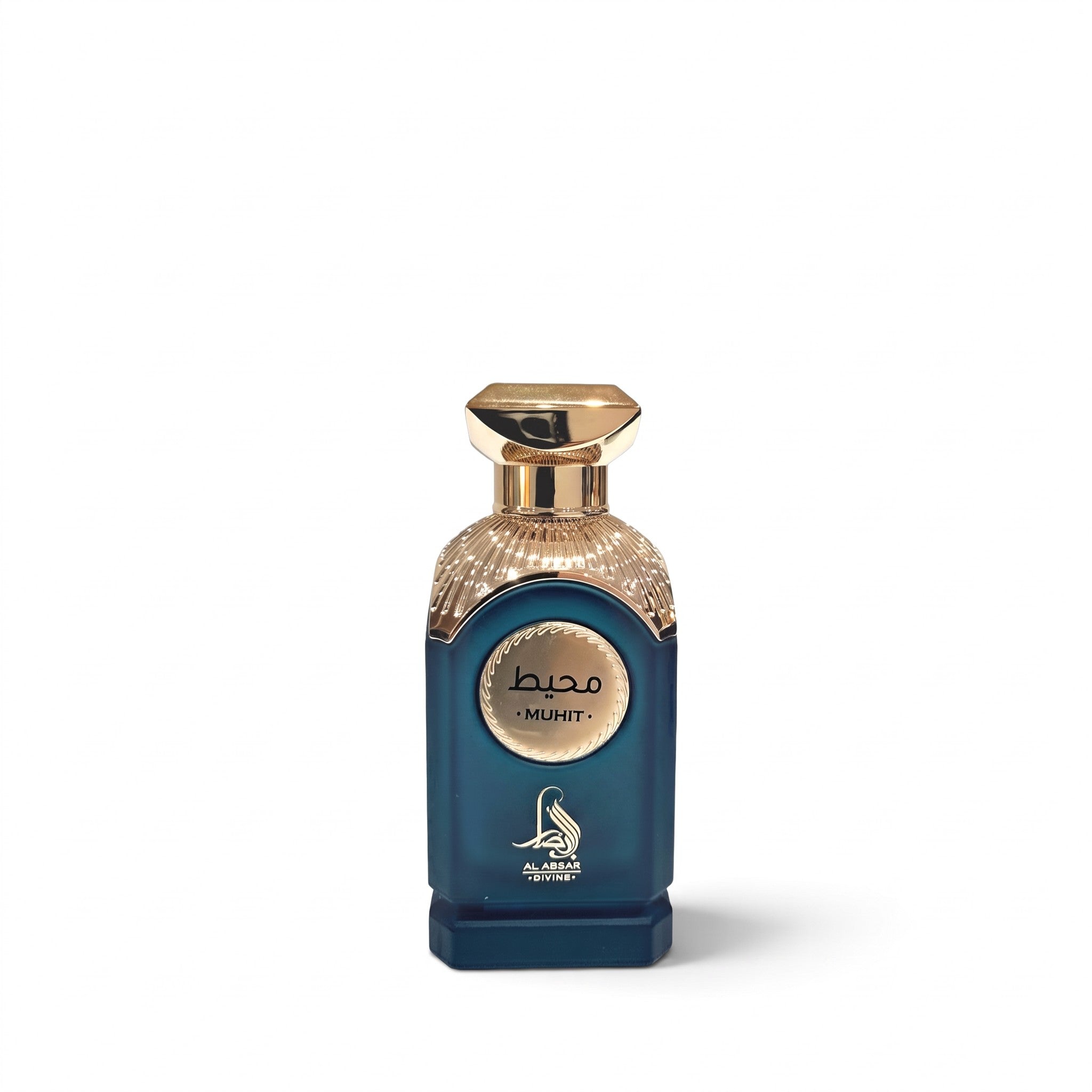 Palette 21 AL ABSAR Muhit unisex eau de parfum in a deep teal glass bottle with an ornate gold cap and accents.