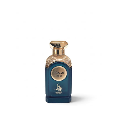 Palette 21 AL ABSAR Muhit unisex eau de parfum in a deep teal glass bottle with an ornate gold cap and accents.