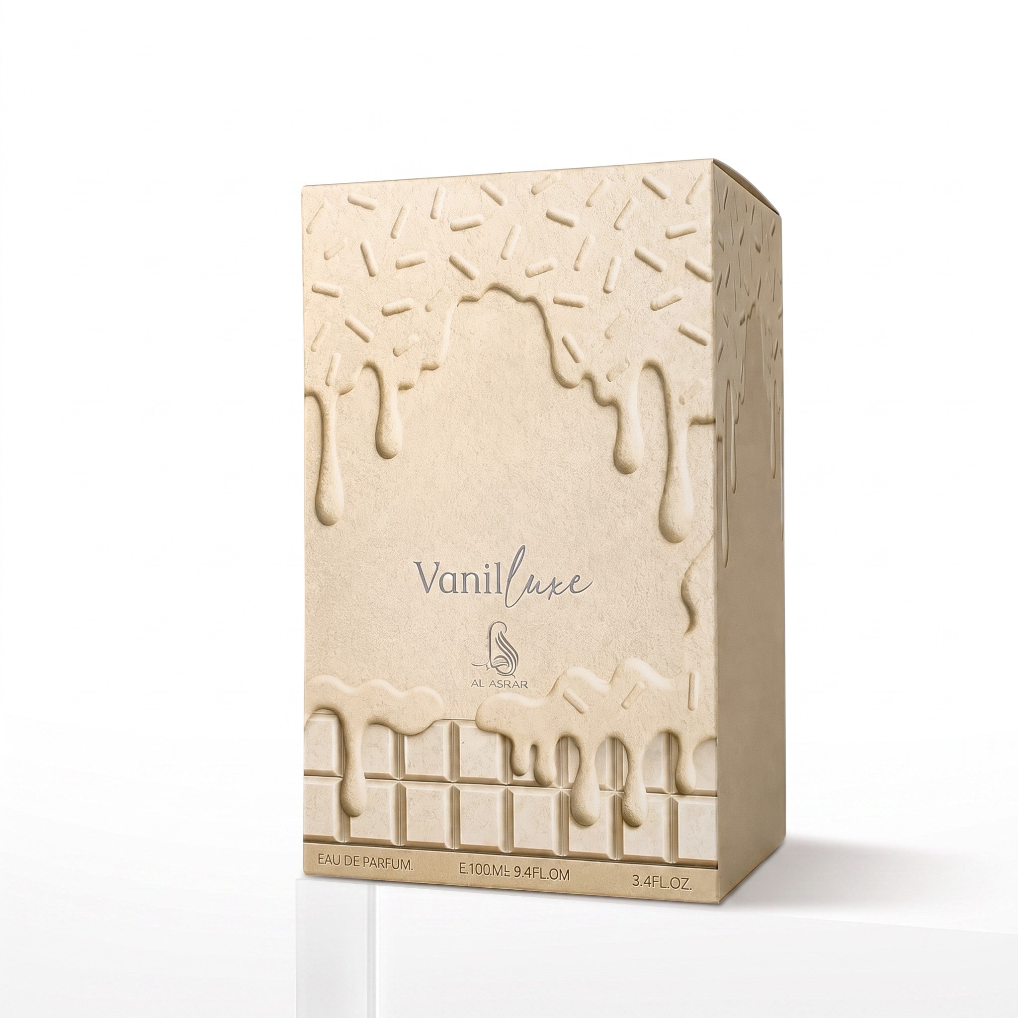 Palette 21 AL ASRAR Vanilluxe Eau de Parfum box with a textured cream-colored design resembling dripping icing
