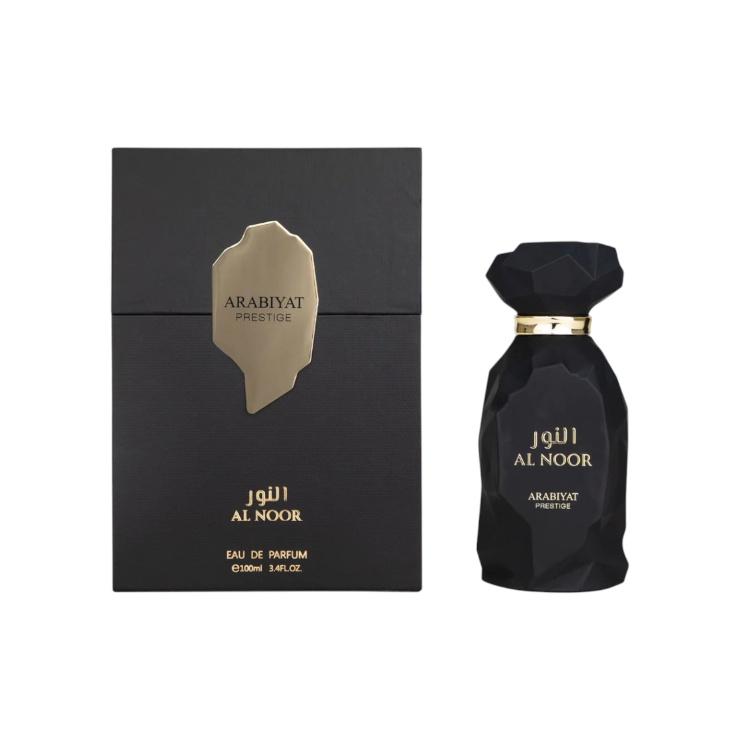 Palette 21 ARABIYAT PRESTIGE Al Noor unisex Eau de Parfum in a multifaceted black bottle with gold accents and box.
