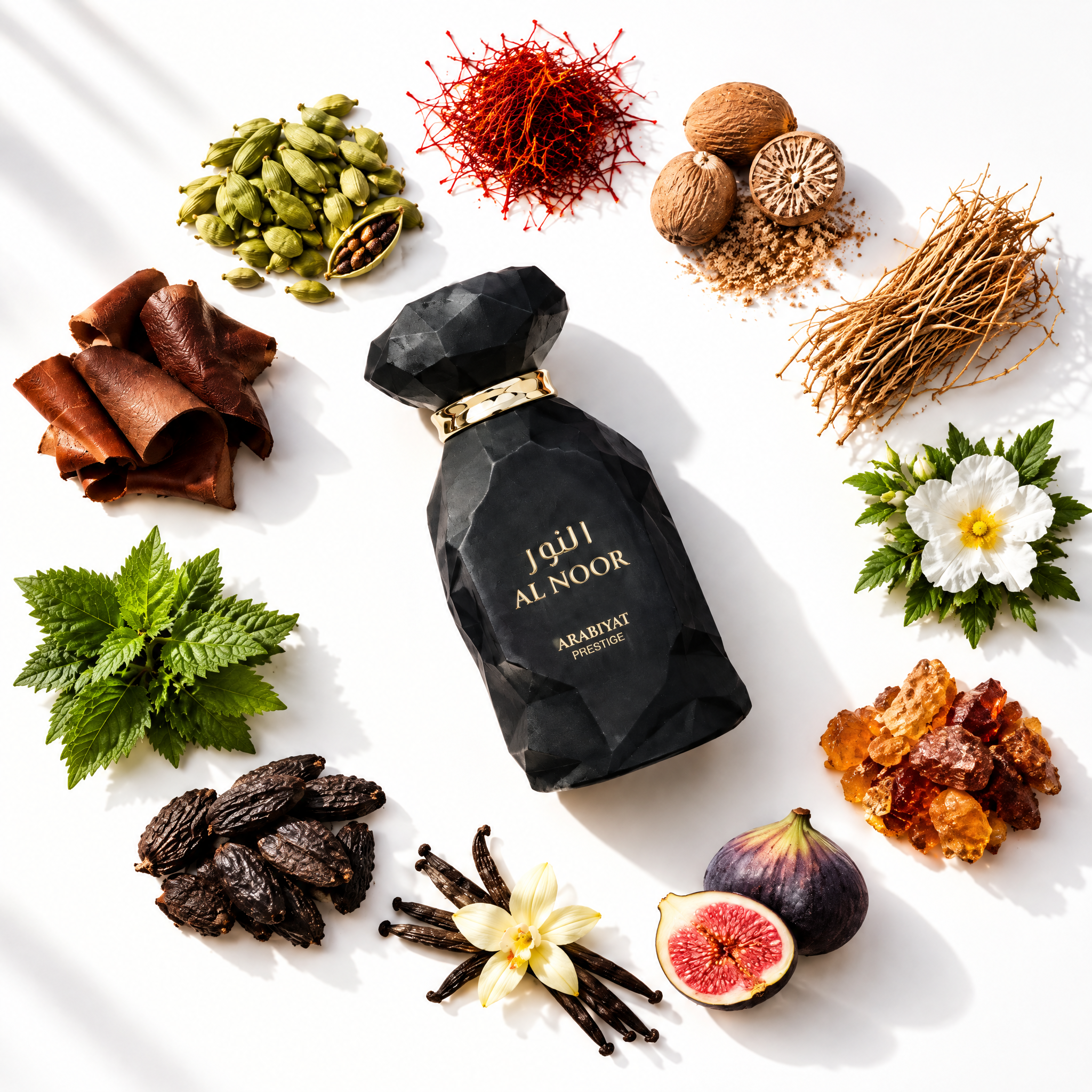Palette 21 Arabiyat Prestige Al Noor perfume bottle surrounded by raw ingredients like saffron, cardamom, and fig.