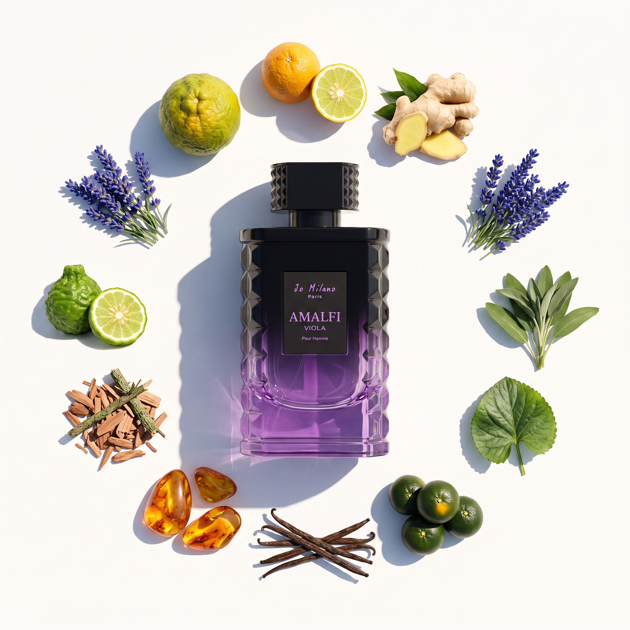 Palette 21 Jo Milano Paris Amalfi Viola Eau De Parfum bottle surrounded by aromatic ingredients like lavender and citrus