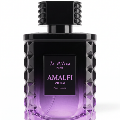 Palette 21 Jo Milano Paris Amalfi Viola Eau De Parfum in a purple gradient glass bottle with geometric texture