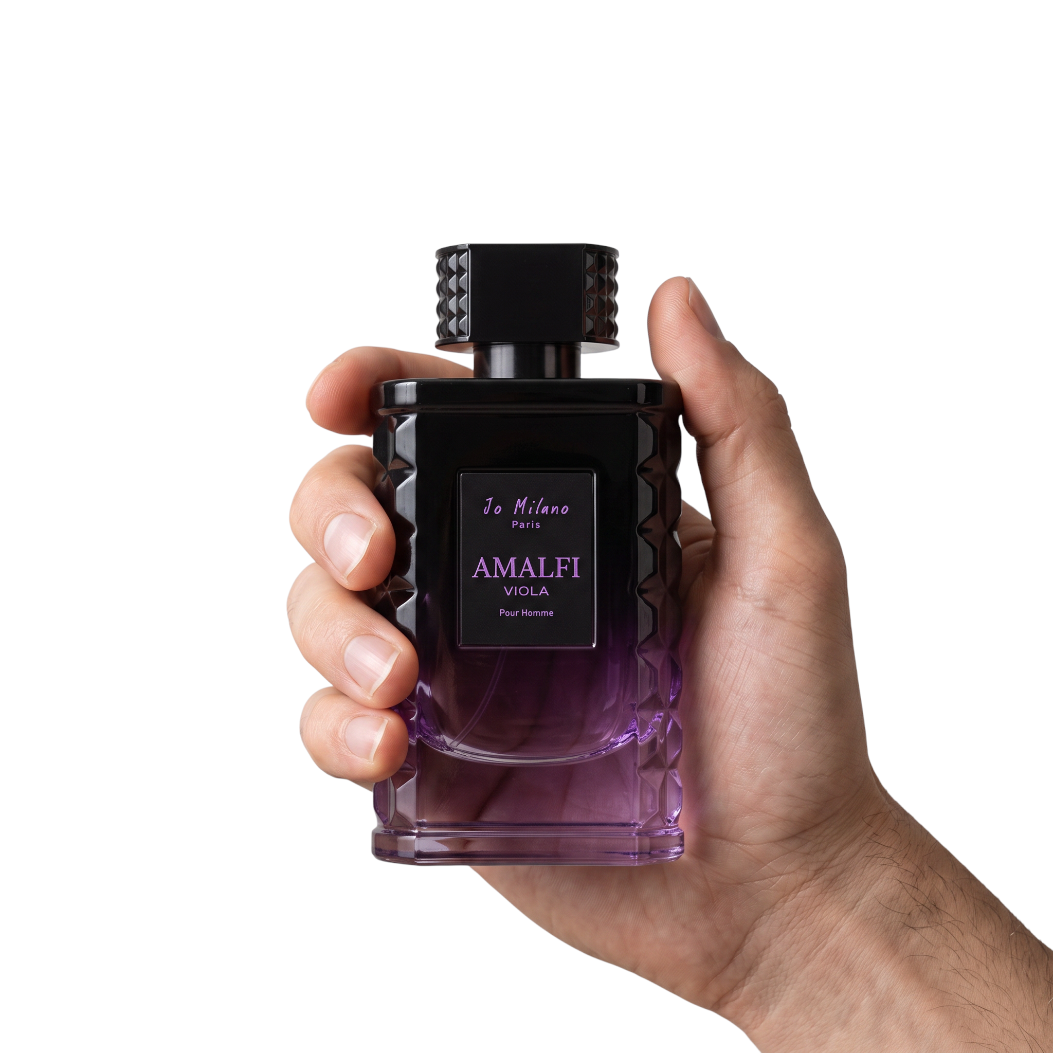Palette 21 Jo Milano Paris Amalfi Viola Eau De Parfum in a purple gradient glass bottle held in a hand