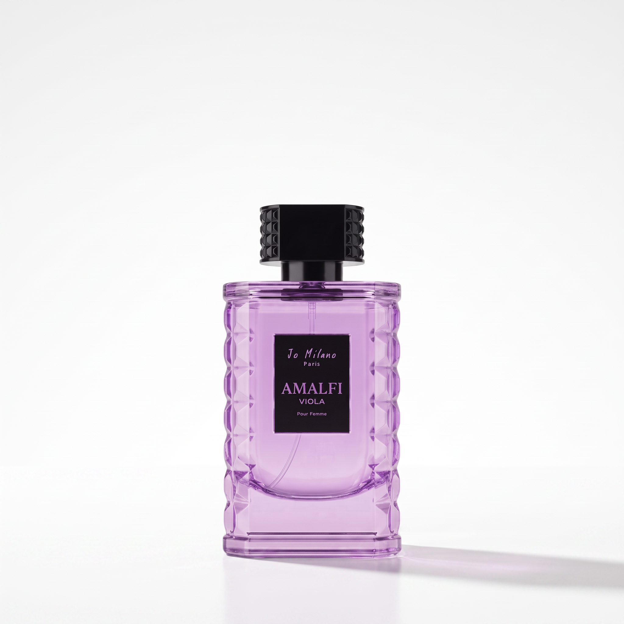 Palette 21 Jo Milano Paris Amalfi Viola Eau de Parfum in a textured violet glass bottle with a black architectural cap