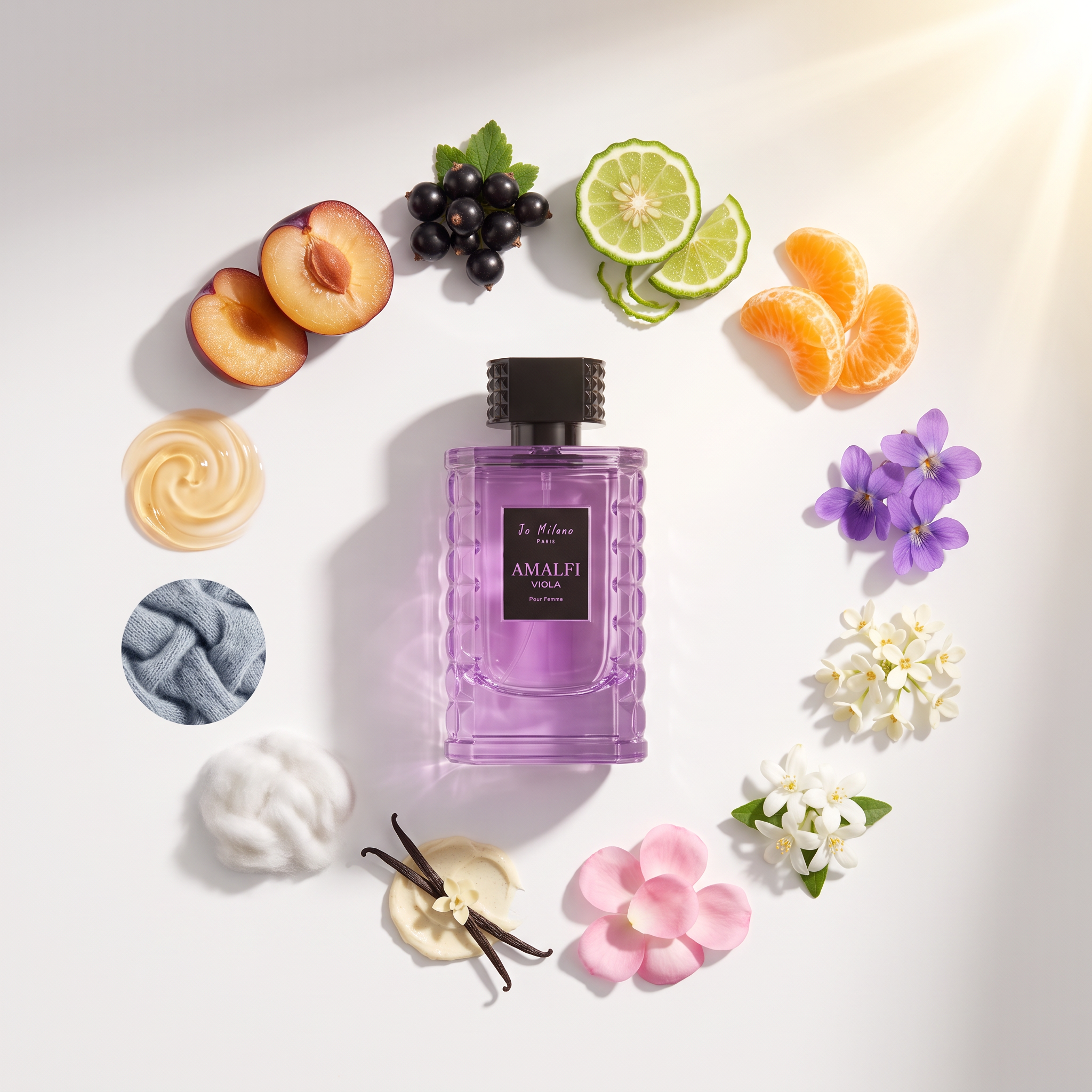Palette 21 Jo Milano Paris Amalfi Viola perfume bottle surrounded by ingredients like plum, berries, citrus, and flowers